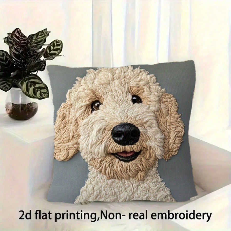 1pc Modern Retro Confused Teddy Dog Decorative Pillow Cover, 2D Flat Printed Embroidery-Like Design, Soft Plush, 18"X18", Machine Washable Zippered Cover, Suitable For Living Room, Sofa, Bedroom, With