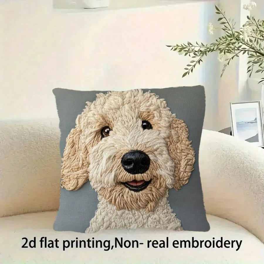 1pc Modern Retro Confused Teddy Dog Decorative Pillow Cover, 2D Flat Printed Embroidery-Like Design, Soft Plush, 18"X18", Machine Washable Zippered Cover, Suitable For Living Room, Sofa, Bedroom, With