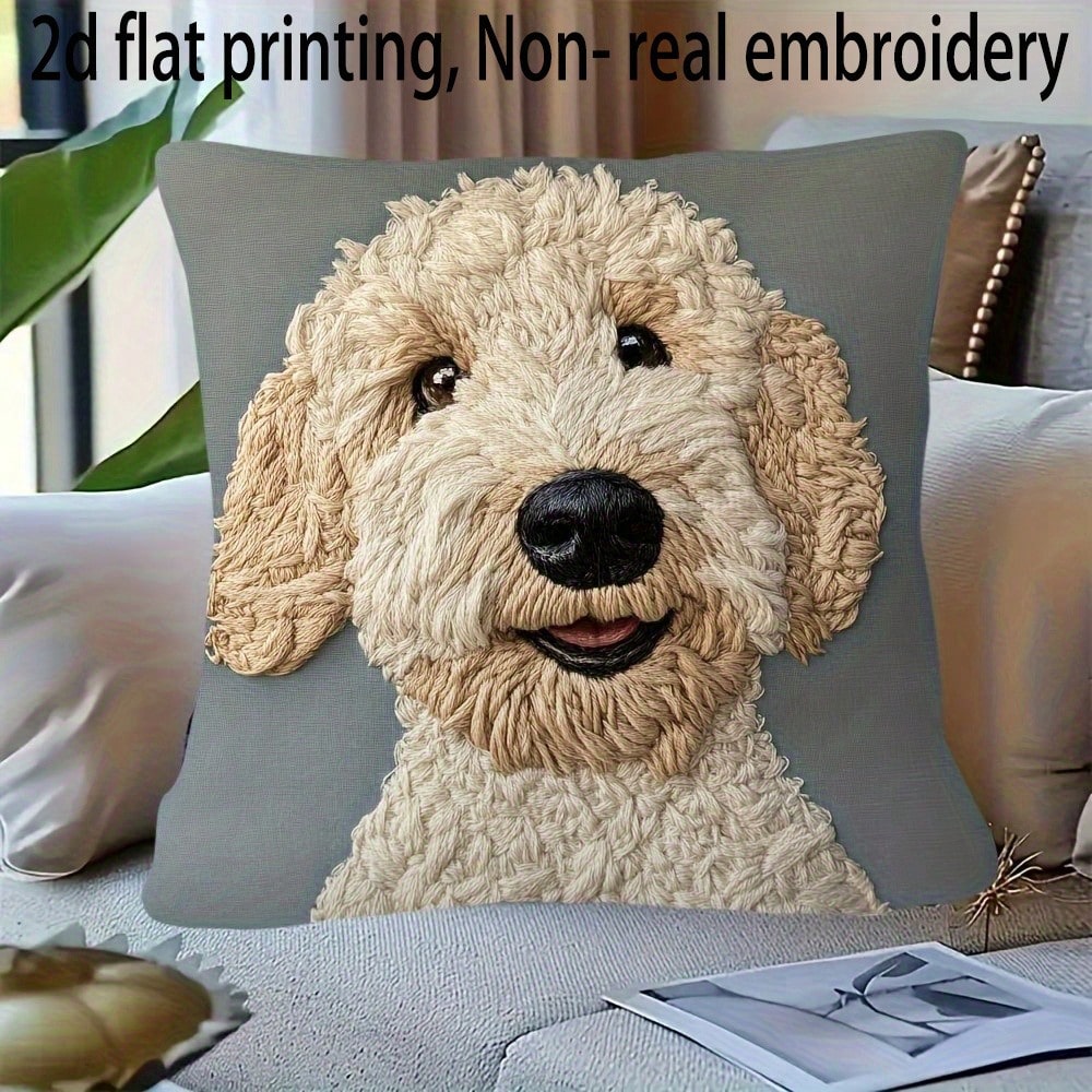 1pc Modern Retro Confused Teddy Dog Decorative Pillow Cover, 2D Flat Printed Embroidery-Like Design, Soft Plush, 18"X18", Machine Washable Zippered Cover, Suitable For Living Room, Sofa, Bedroom, With
