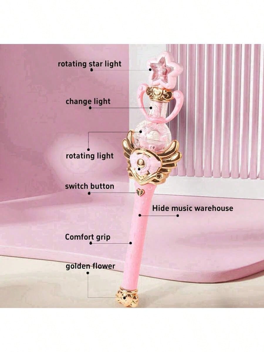 1pc Music Magic Star Wand Toy, Electric Rotating Lighting Fairy Wand For Girls, Dreamy Star Design Kids Toy, Perfect Gift For Girl Birthday Party, Performances- (Batteries Not Included)