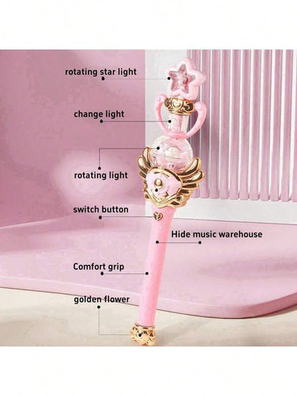 1pc Music Magic Star Wand Toy, Electric Rotating Lighting Fairy Wand For Girls, Dreamy Star Design Kids Toy, Perfect Gift For Girl Birthday Party, Performances- (Batteries Not Included)