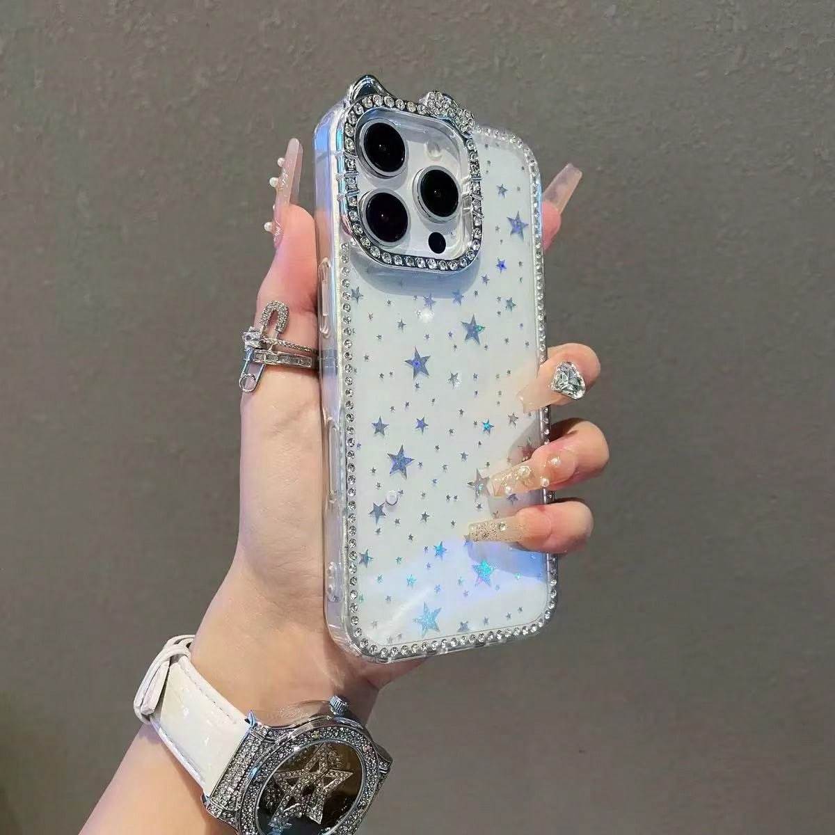 1pc New Cat Ear Rhinestone Glitter Star Acrylic Shockproof Phone Case Compatible With IPhone17/17pro/17promax