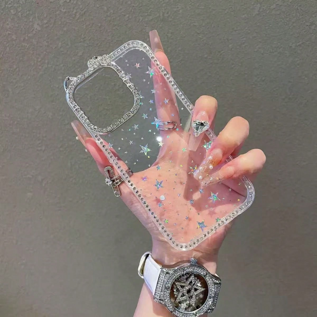 1pc New Cat Ear Rhinestone Glitter Star Acrylic Shockproof Phone Case Compatible With IPhone17/17pro/17promax