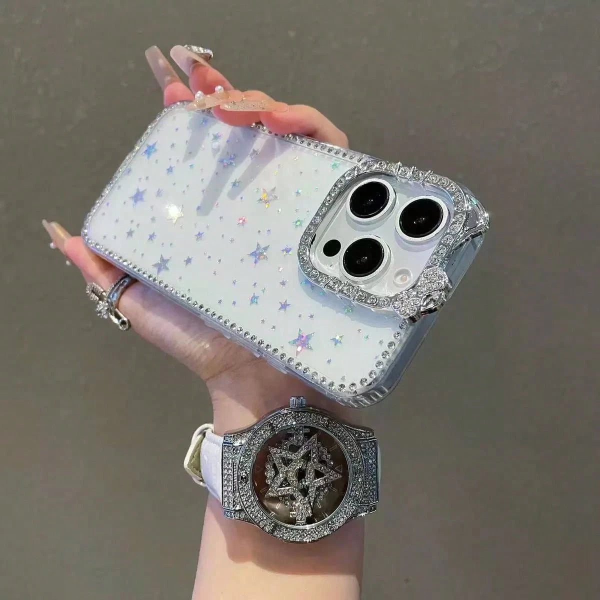 1pc New Cat Ear Rhinestone Glitter Star Acrylic Shockproof Phone Case Compatible With IPhone17/17pro/17promax