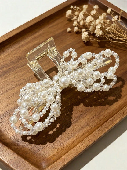 1pc New Elegant Faux Pearl Ribbon Hair Clip For Women, Can Be Fixed At The Back Of The Head. Chic Design Hair Clip, Hair Accessory, Holiday, Party