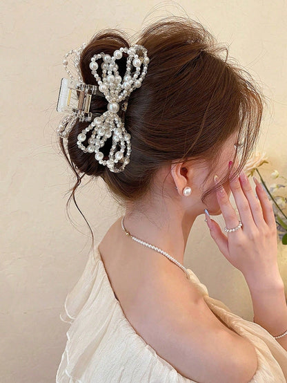 1pc New Elegant Faux Pearl Ribbon Hair Clip For Women, Can Be Fixed At The Back Of The Head. Chic Design Hair Clip, Hair Accessory, Holiday, Party