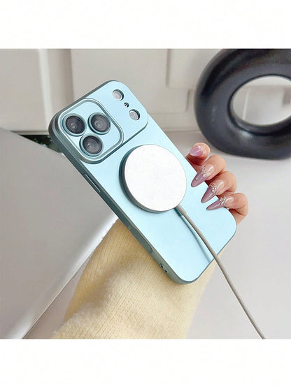 1pc New Korean Ins Style Blue Magnetic Wireless Charging Compatible Phone Case, Minimalist Premium Design Compatible With Apple 17PM, Fashionable Compatible With Apple 16, Unique Compatible With Apple