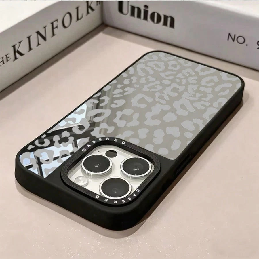 1pc New Silver Mirror Phone Case Full Screen Light Gray Leopard Print Creative Pattern Premium Anti-Drop Protective Cover Large Camera Hole Soft Edge Hard Shell Suitable For IPhone 17/Air/17Pro/17PROM