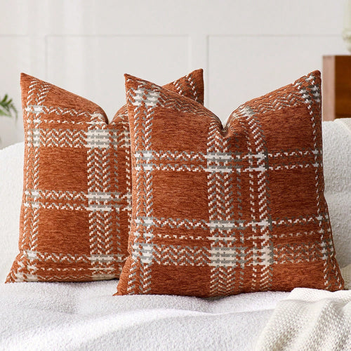 1pc (No Insert) Orange Scottish Plaid Pillow Case, Modern Fashionable Comfortable Soft Jacquard Chenille Multi-Color 3D Grid Cushion Cover, Suitable For Daily Home Decor, Sofa, Bed, Bedroom, Living Ro