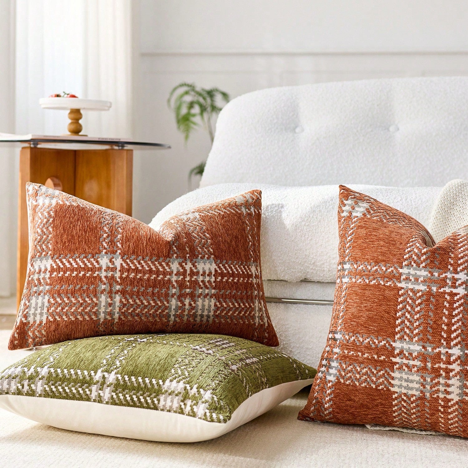 1pc (No Insert) Orange Scottish Plaid Pillow Case, Modern Fashionable Comfortable Soft Jacquard Chenille Multi-Color 3D Grid Cushion Cover, Suitable For Daily Home Decor, Sofa, Bed, Bedroom, Living Ro