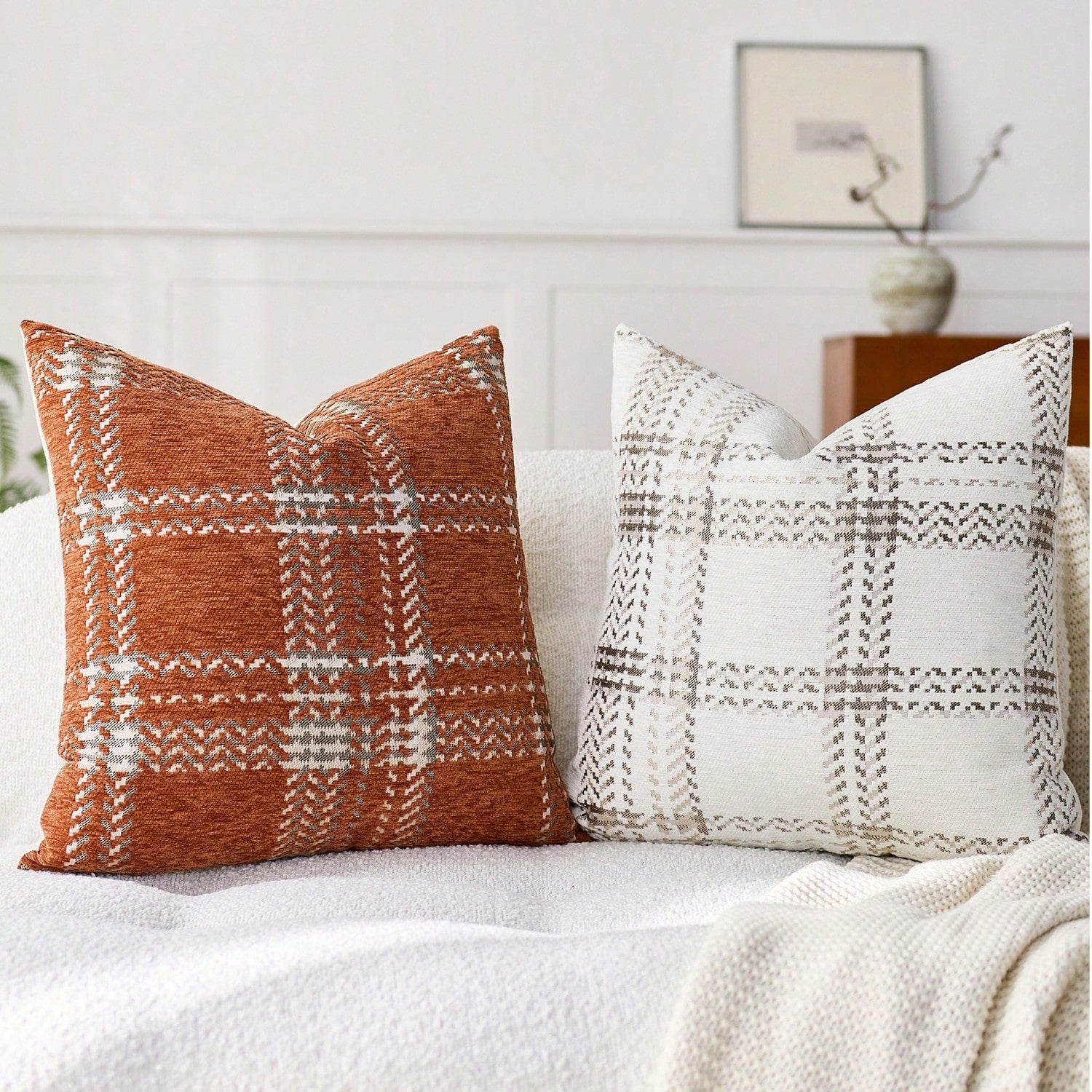 1pc (No Insert) Orange Scottish Plaid Pillow Case, Modern Fashionable Comfortable Soft Jacquard Chenille Multi-Color 3D Grid Cushion Cover, Suitable For Daily Home Decor, Sofa, Bed, Bedroom, Living Ro