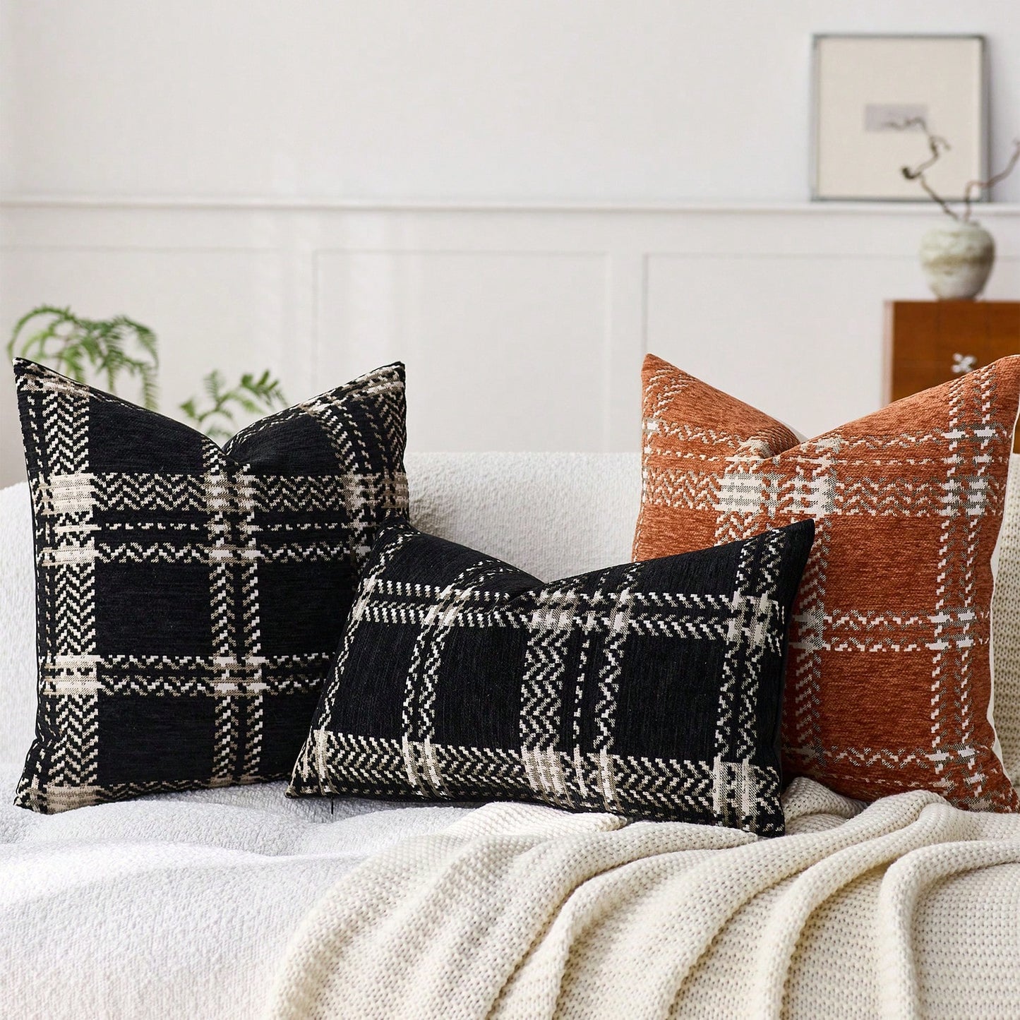 1pc (No Insert) Orange Scottish Plaid Pillow Case, Modern Fashionable Comfortable Soft Jacquard Chenille Multi-Color 3D Grid Cushion Cover, Suitable For Daily Home Decor, Sofa, Bed, Bedroom, Living Ro