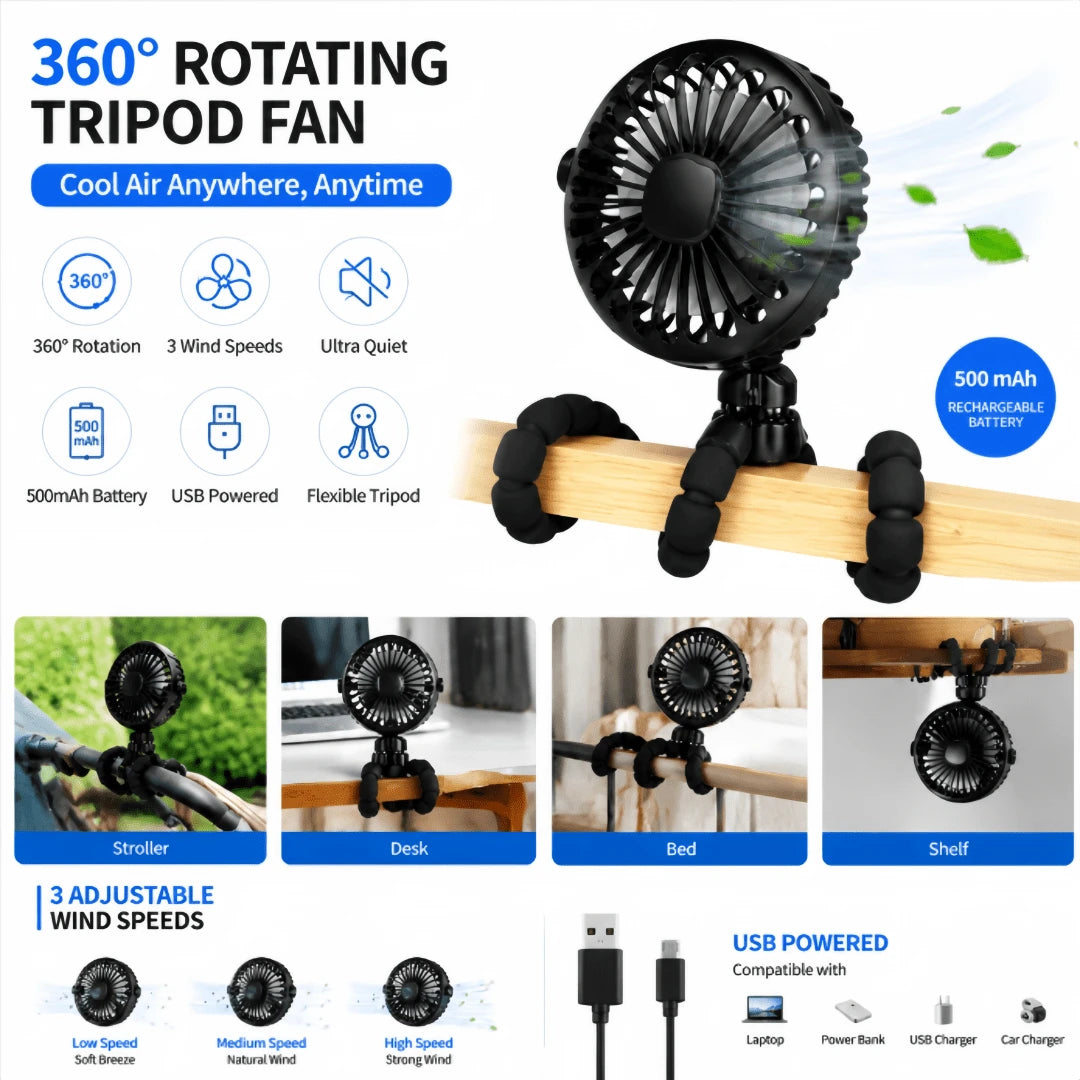 1PC Octopus Stroller Fan, USB Rechargeable Mini Portable Fan With LED Night Light, 3 Speed Adjustable Quiet Handheld Foldable Fan, Angle Adjustable Personal Cooling Fan For Baby Stroller, Car, Camping