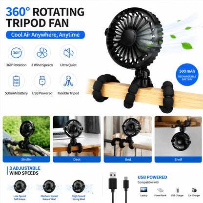 1PC Octopus Stroller Fan, USB Rechargeable Mini Portable Fan With LED Night Light, 3 Speed Adjustable Quiet Handheld Foldable Fan, Angle Adjustable Personal Cooling Fan For Baby Stroller, Car, Camping