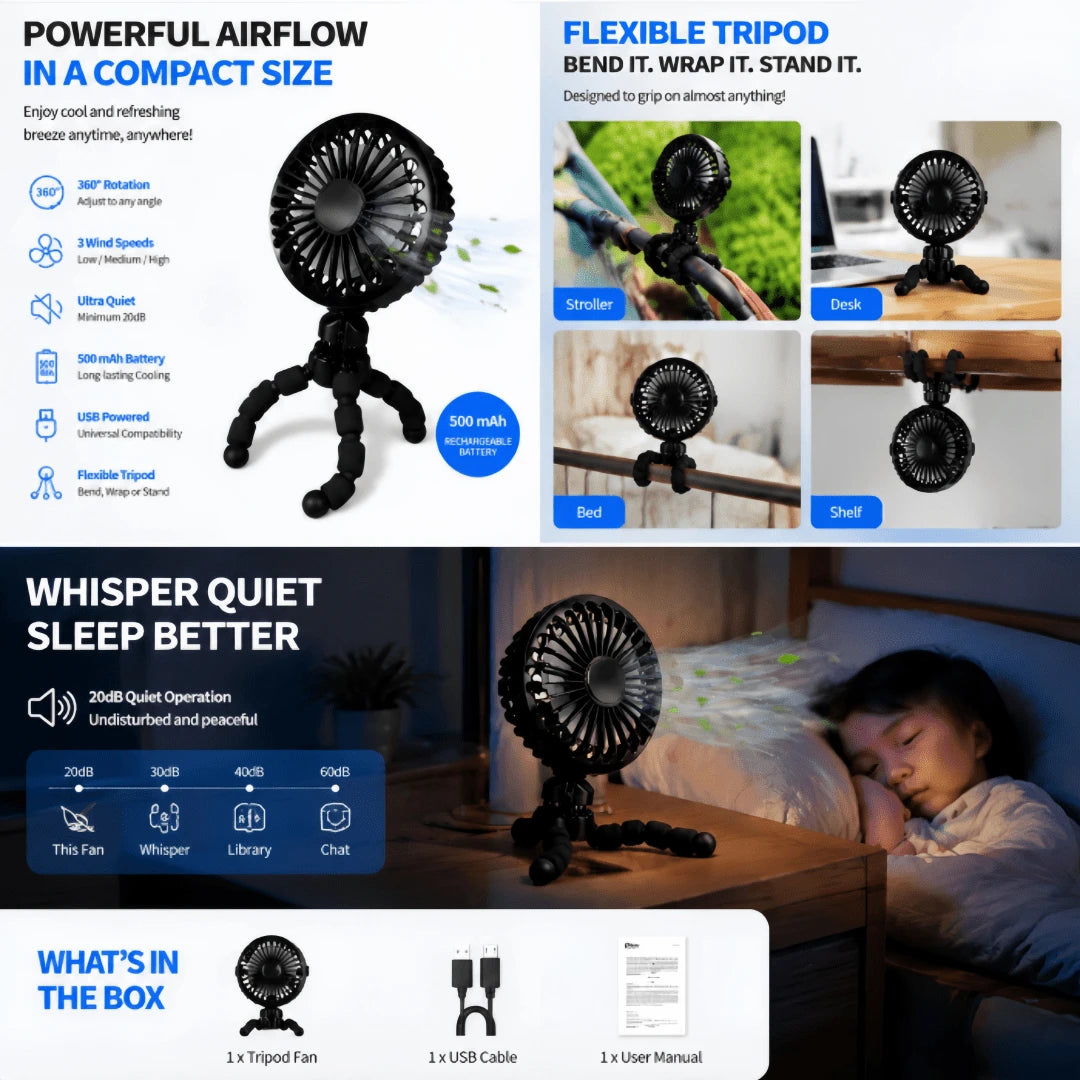 1PC Octopus Stroller Fan, USB Rechargeable Mini Portable Fan With LED Night Light, 3 Speed Adjustable Quiet Handheld Foldable Fan, Angle Adjustable Personal Cooling Fan For Baby Stroller, Car, Camping