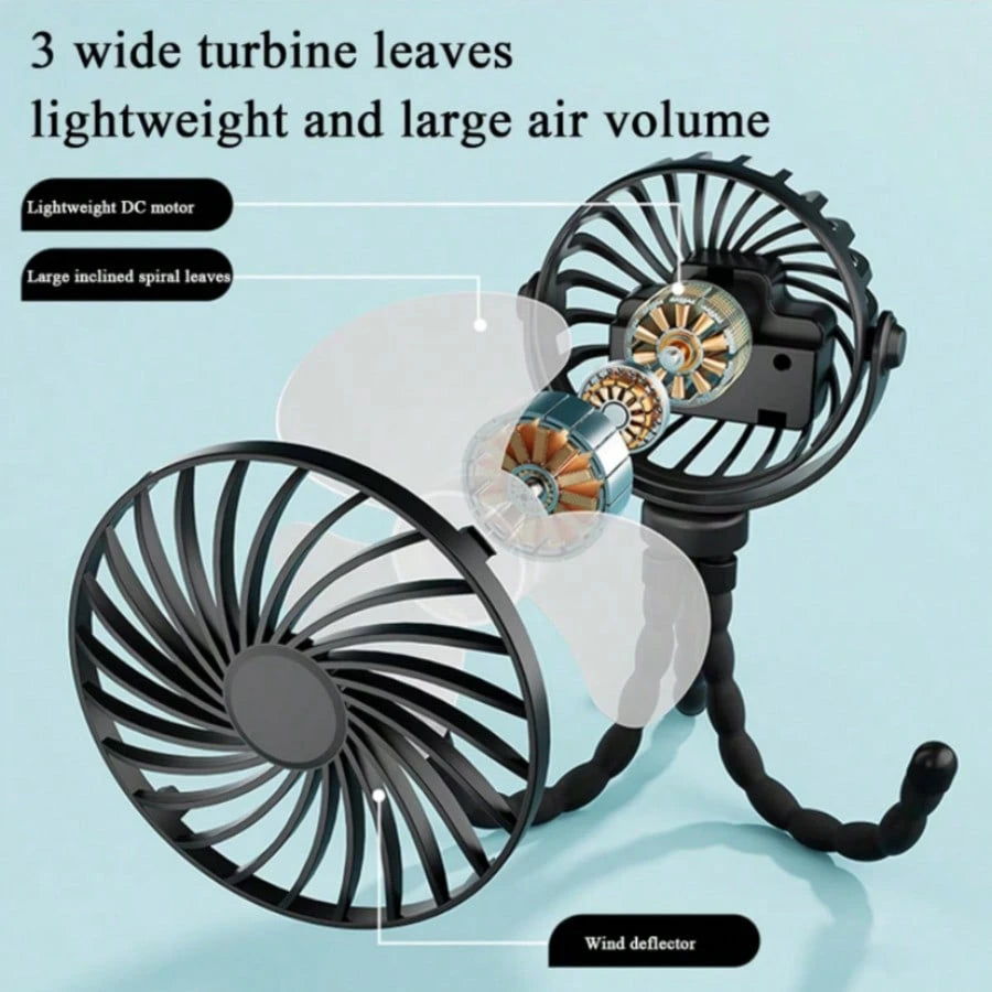 1PC Octopus Stroller Fan, USB Rechargeable Mini Portable Fan With LED Night Light, 3 Speed Adjustable Quiet Handheld Foldable Fan, Angle Adjustable Personal Cooling Fan For Baby Stroller, Car, Camping