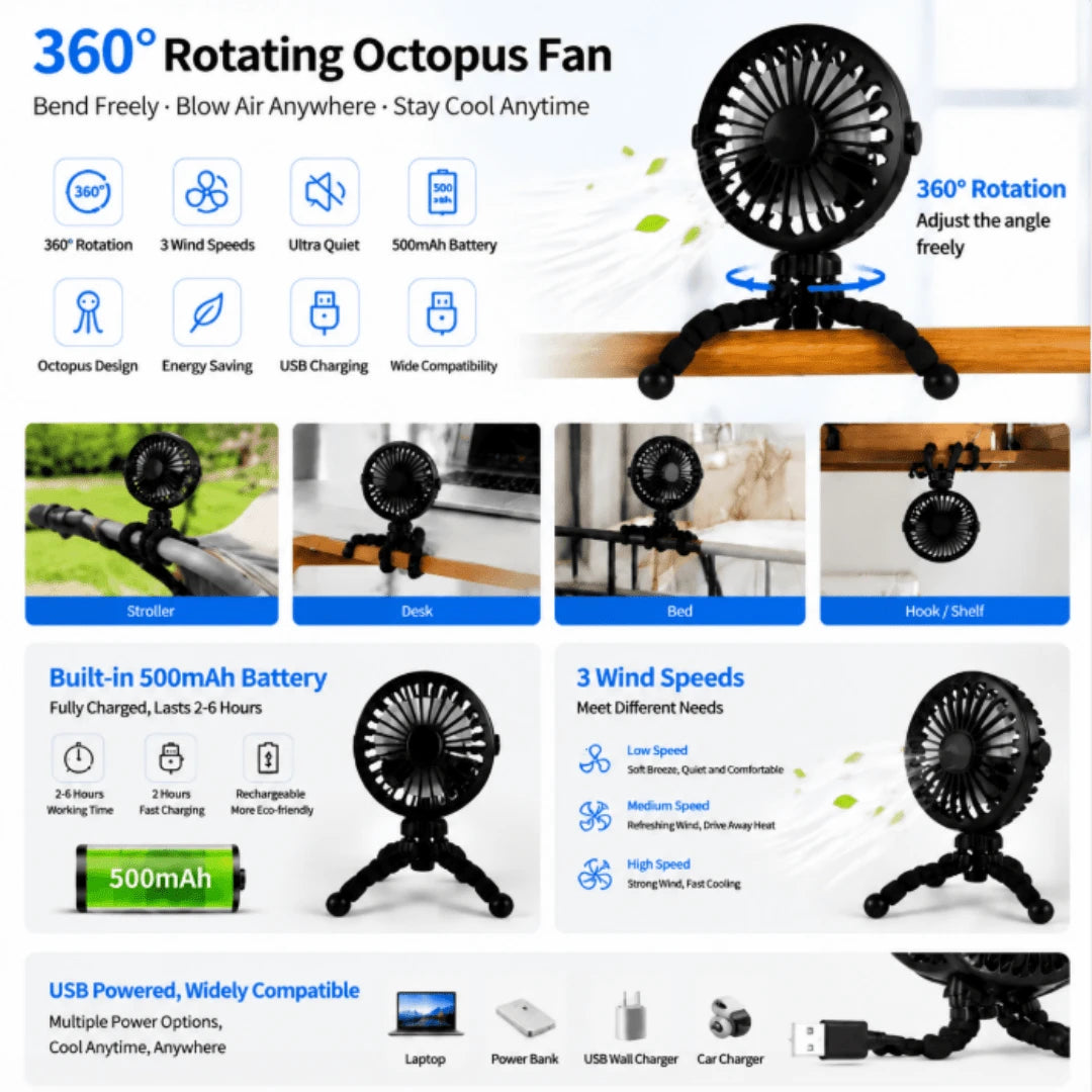 1PC Octopus Stroller Fan, USB Rechargeable Mini Portable Fan With LED Night Light, 3 Speed Adjustable Quiet Handheld Foldable Fan, Angle Adjustable Personal Cooling Fan For Baby Stroller, Car, Camping