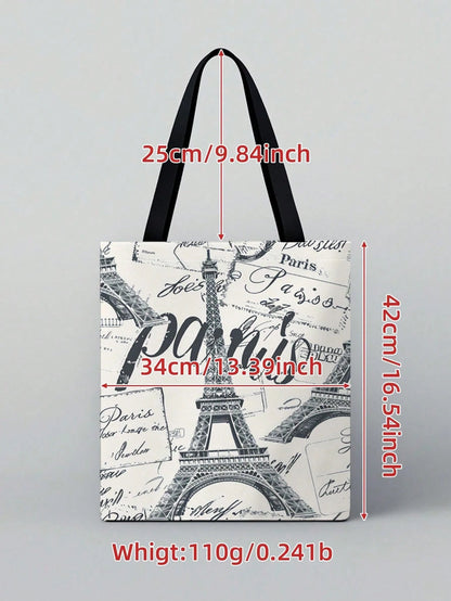 1pc Paris Eiffel Tower Print Fashion Casual Women's Shoulder Tote Bag, Portable Large Capacity Polyester Canvas Bag, Suitable For Daily Commute, Shopping, Etc., Gift For Family