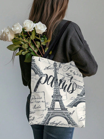 1pc Paris Eiffel Tower Print Fashion Casual Women's Shoulder Tote Bag, Portable Large Capacity Polyester Canvas Bag, Suitable For Daily Commute, Shopping, Etc., Gift For Family