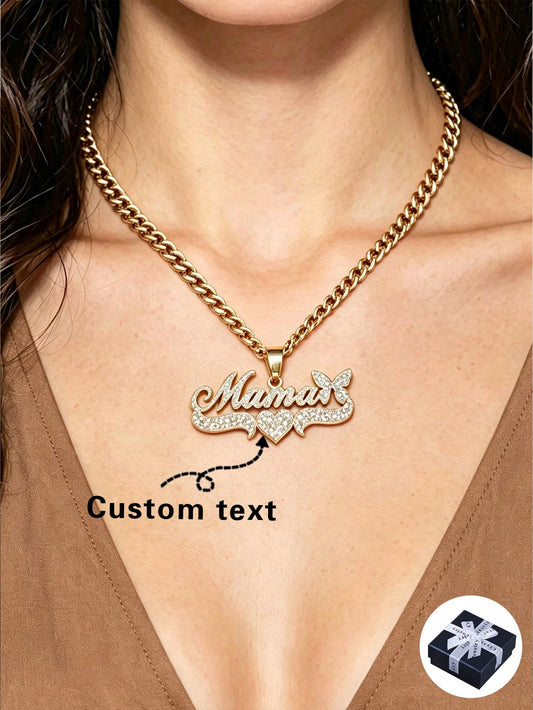1pc Personalized Minimalist Matte DIY Customized Name Necklace Stainless Steel Neck Accessory, 18K Gold Plated With English Name Heart Shape, Butterfly Shape Women's Customized Thick Necklace, Girlfri