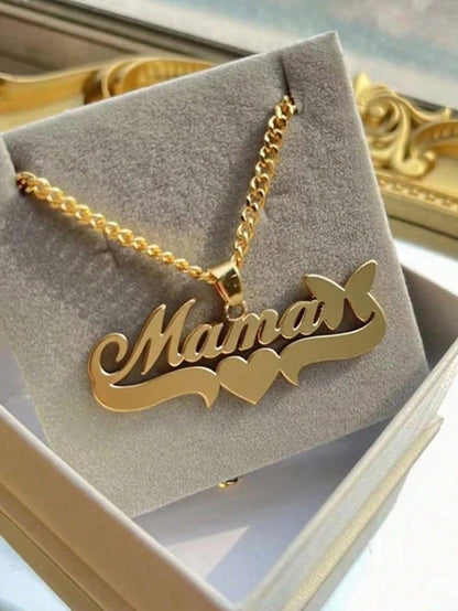 1pc Personalized Minimalist Matte DIY Customized Name Necklace Stainless Steel Neck Accessory, 18K Gold Plated With English Name Heart Shape, Butterfly Shape Women's Customized Thick Necklace, Girlfri
