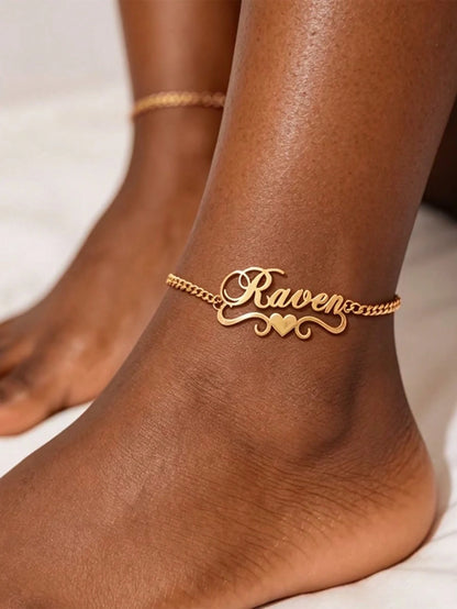 1PC Personalized Name Bracelet & Anklet, 2026 New Creative Cuban Chain Style Name Anklet Bracelet, Suitable For Vacation, Daily Wear, Holiday, Gift For Her, Women's Fashion Jewelry, Customized Persona