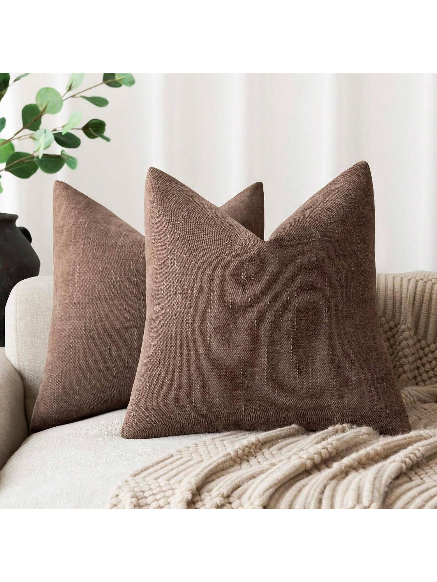 1pc Pillow Case Without Insert, Chocolate Vintage Wabi-Sabi Style + Minimalist Gentle Textured Chenille + Linen Blend Fabric Woven Decorative Cushion Cover, Suitable For Home, Sofa, Bed, Bedroom, Livi