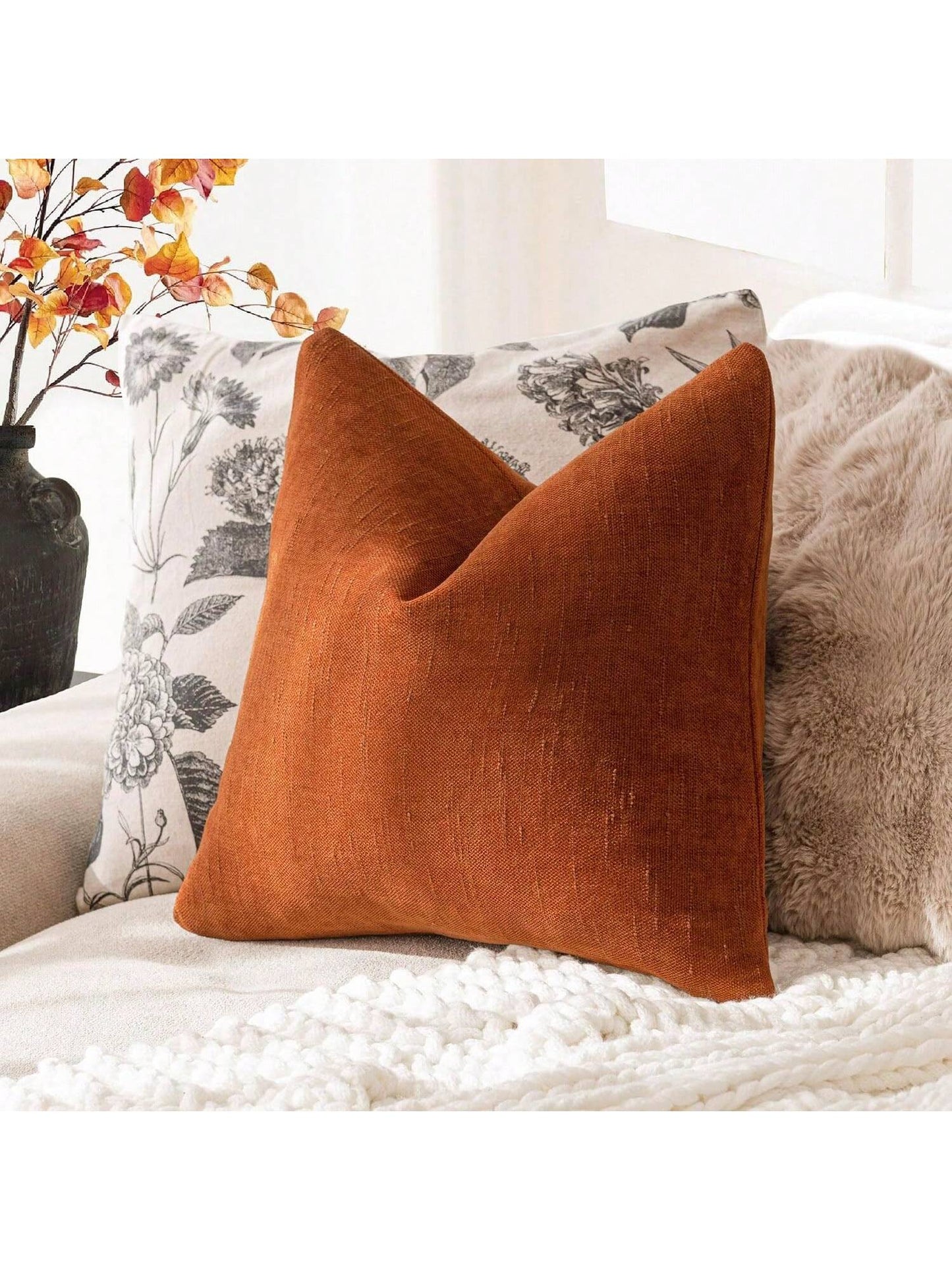 1pc Pillow Case Without Insert, Chocolate Vintage Wabi-Sabi Style + Minimalist Gentle Textured Chenille + Linen Blend Fabric Woven Decorative Cushion Cover, Suitable For Home, Sofa, Bed, Bedroom, Livi