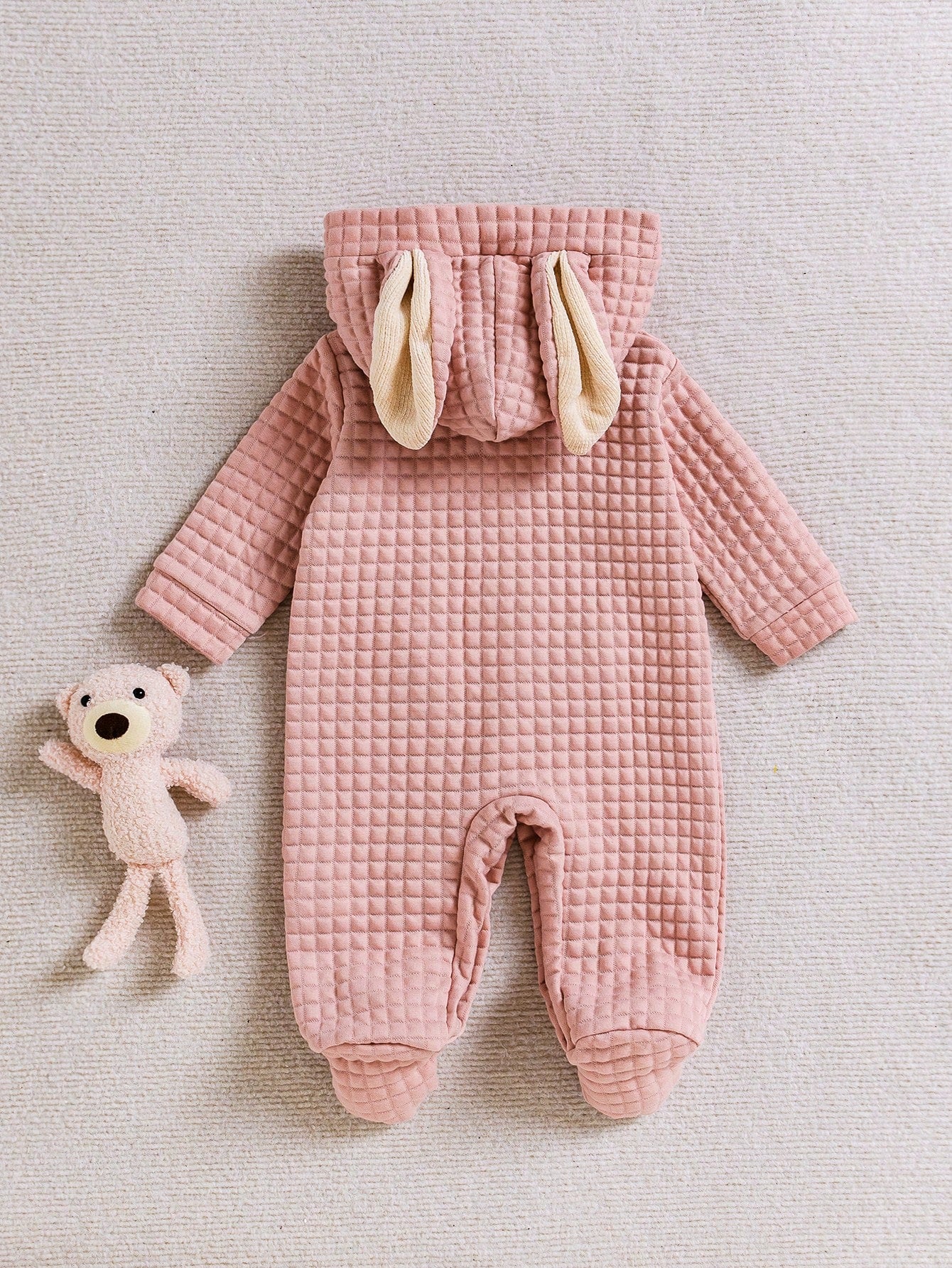 1pc Pink 3D Bunny Ear Design Cute Plush Infant One-Piece Pajamas, Suitable For Autumn/Winter