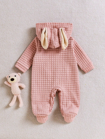 1pc Pink 3D Bunny Ear Design Cute Plush Infant One-Piece Pajamas, Suitable For Autumn/Winter