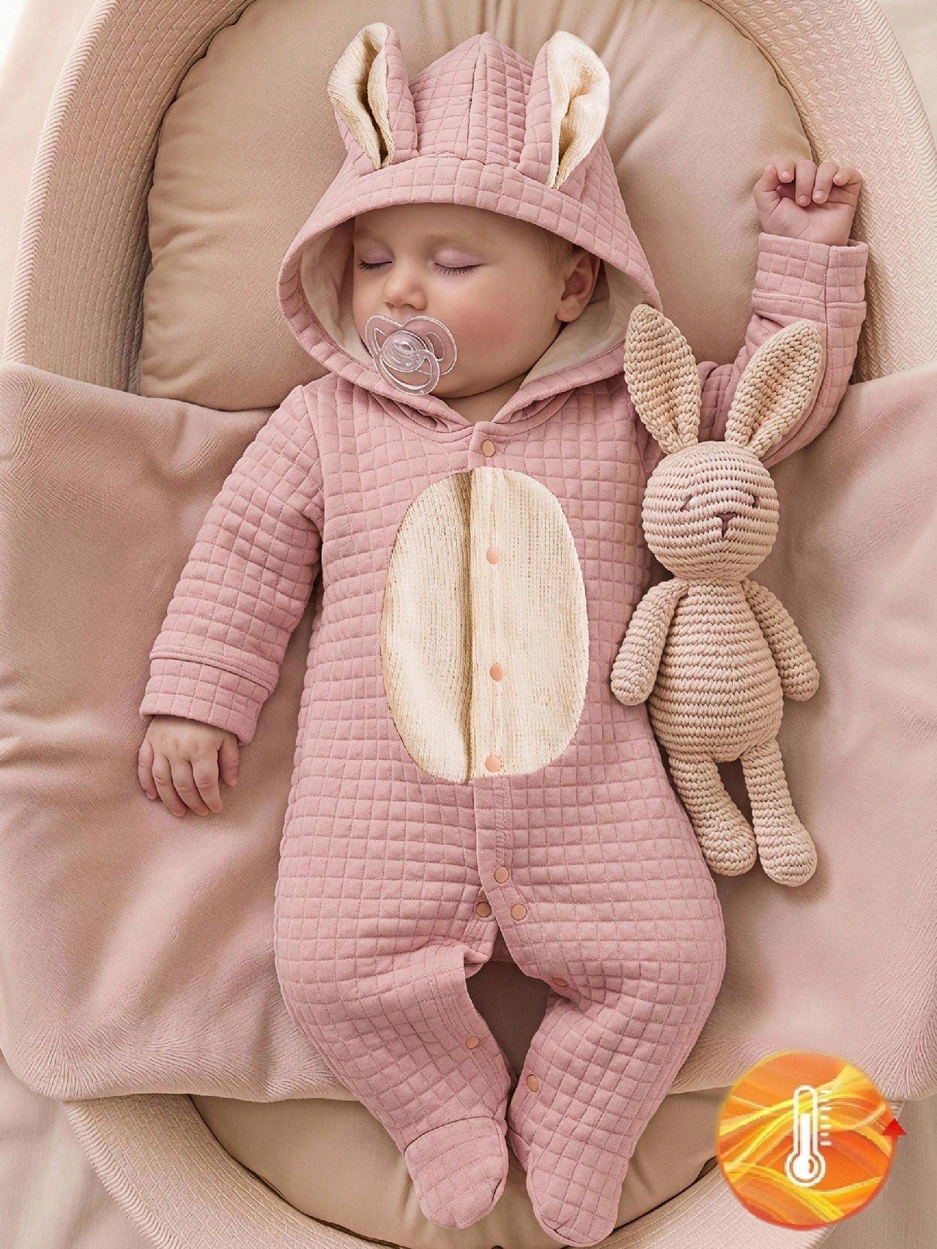 1pc Pink 3D Bunny Ear Design Cute Plush Infant One-Piece Pajamas, Suitable For Autumn/Winter