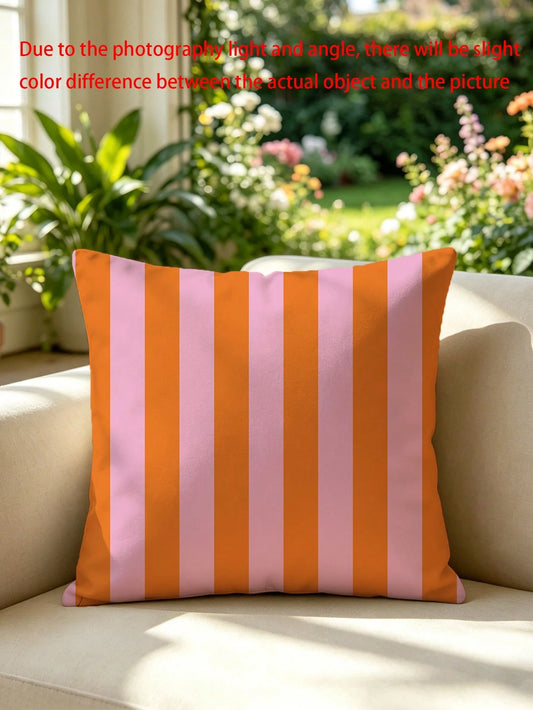 1pc Pink And Orange Striped Throw Pillow Cover- Decorative Cushion Cover With Zipper Closure, Machine Washable For Indoor Outdoor Living Room Bedroom Decor (Insert Not Included)| Vibrant Decor| Roo