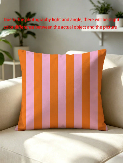 1pc Pink And Orange Striped Throw Pillow Cover- Decorative Cushion Cover With Zipper Closure, Machine Washable For Indoor Outdoor Living Room Bedroom Decor (Insert Not Included)| Vibrant Decor| Roo