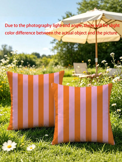 1pc Pink And Orange Striped Throw Pillow Cover- Decorative Cushion Cover With Zipper Closure, Machine Washable For Indoor Outdoor Living Room Bedroom Decor (Insert Not Included)| Vibrant Decor| Roo
