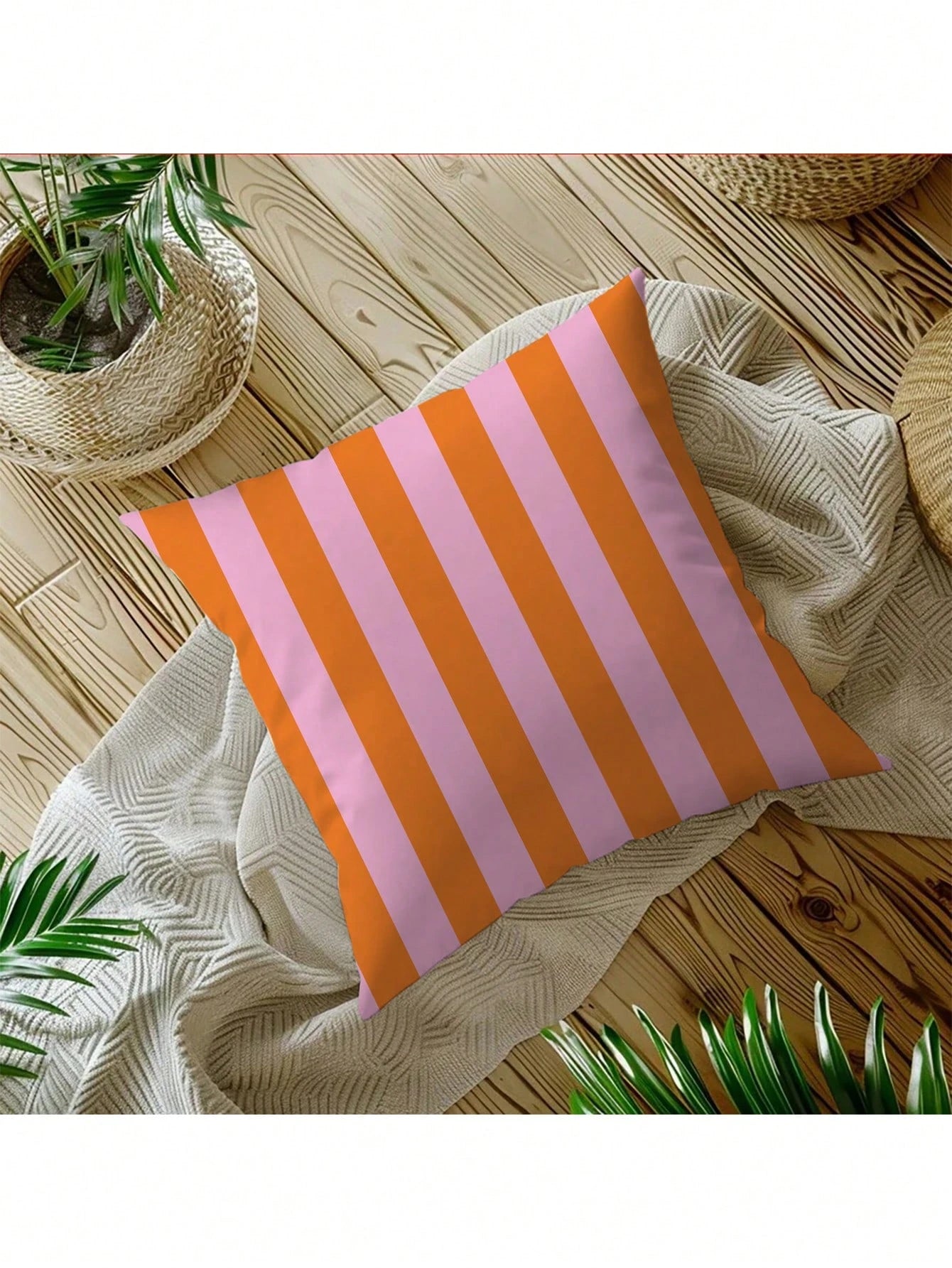 1pc Pink And Orange Striped Throw Pillow Cover- Decorative Cushion Cover With Zipper Closure, Machine Washable For Indoor Outdoor Living Room Bedroom Decor (Insert Not Included)| Vibrant Decor| Roo