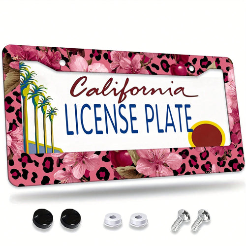 1pc Pink Gold Leopard Cherry Blossom License Frame 12x6in, Rustproof Aluminum With Screws, Fits US Cars SUV Trucks, Stylish Car Accessory,License Plate,Car Decor,Mothers Day,Birthday Gifts,Valentines