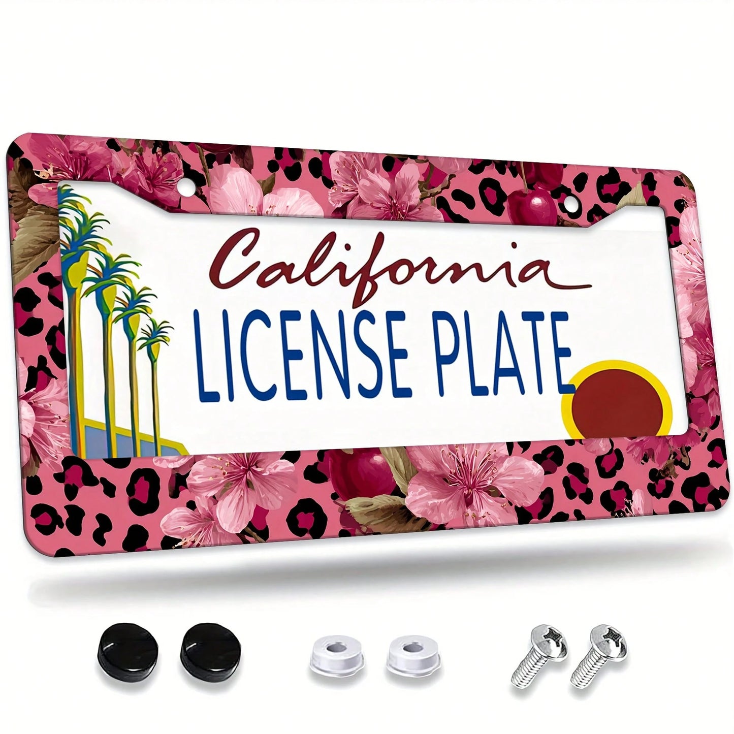 1pc Pink Gold Leopard Cherry Blossom License Frame 12x6in, Rustproof Aluminum With Screws, Fits US Cars SUV Trucks, Stylish Car Accessory,License Plate,Car Decor,Mothers Day,Birthday Gifts,Valentines