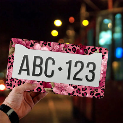 1pc Pink Gold Leopard Cherry Blossom License Frame 12x6in, Rustproof Aluminum With Screws, Fits US Cars SUV Trucks, Stylish Car Accessory,License Plate,Car Decor,Mothers Day,Birthday Gifts,Valentines
