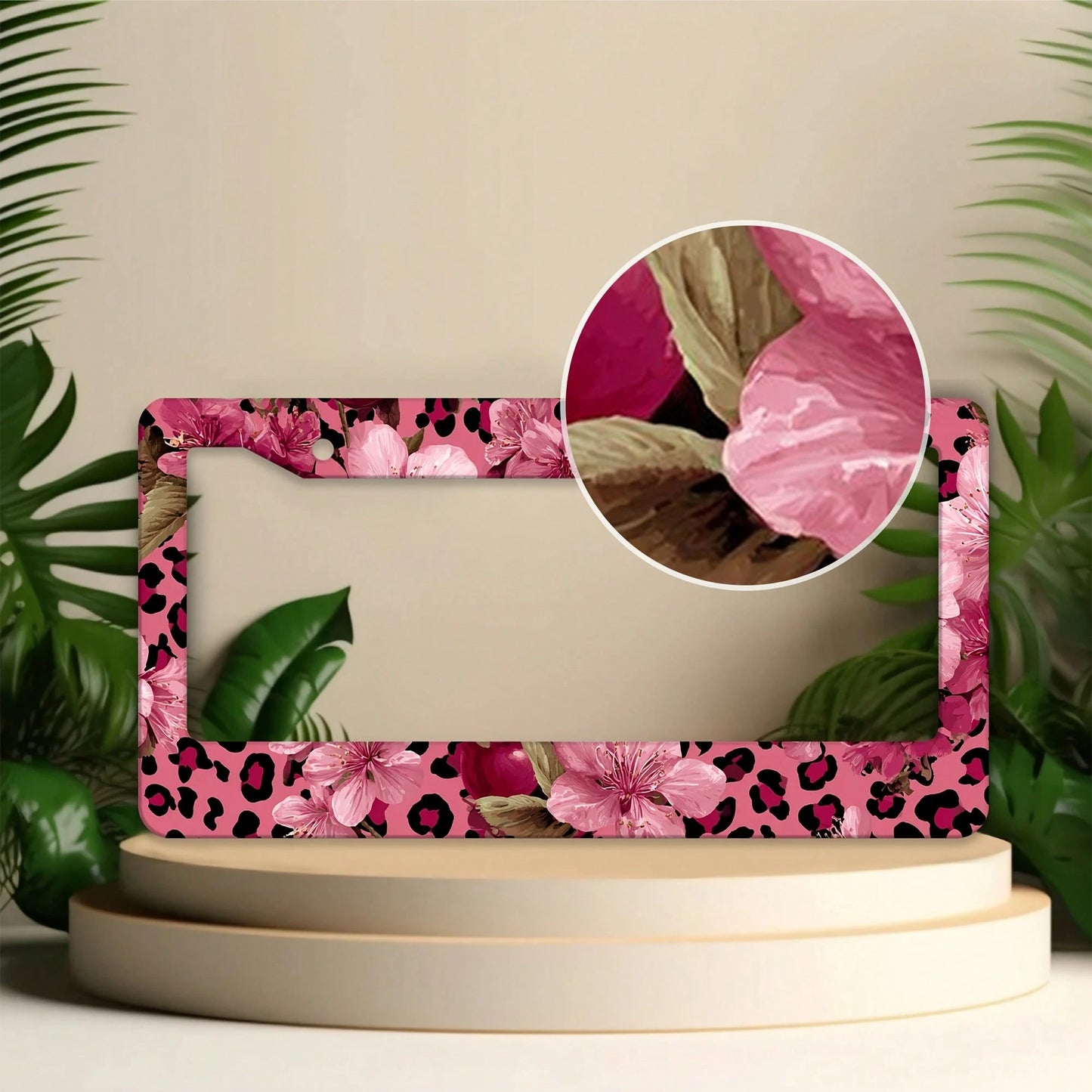 1pc Pink Gold Leopard Cherry Blossom License Frame 12x6in, Rustproof Aluminum With Screws, Fits US Cars SUV Trucks, Stylish Car Accessory,License Plate,Car Decor,Mothers Day,Birthday Gifts,Valentines