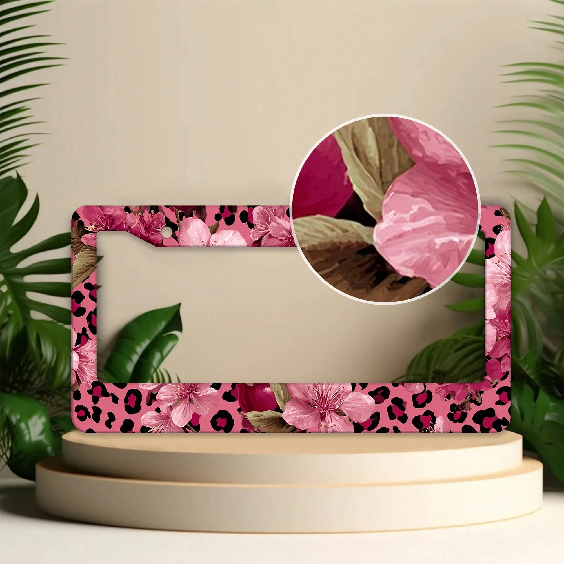 1pc Pink Gold Leopard Cherry Blossom License Frame 12x6in, Rustproof Aluminum With Screws, Fits US Cars SUV Trucks, Stylish Car Accessory,License Plate,Car Decor,Mothers Day,Birthday Gifts,Valentines