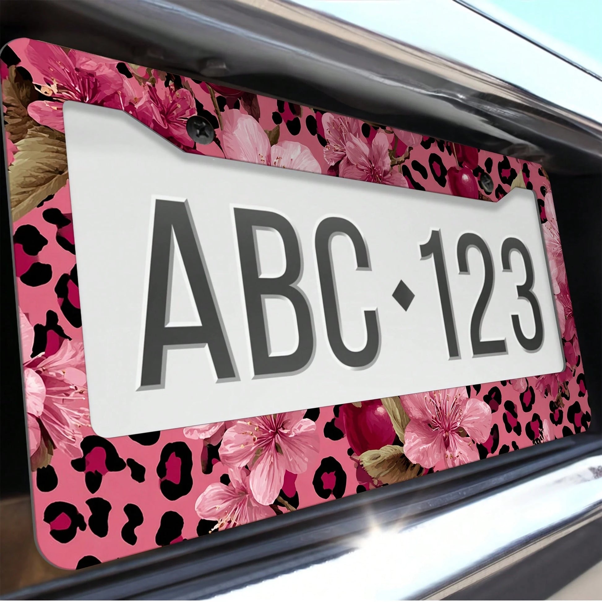 1pc Pink Gold Leopard Cherry Blossom License Frame 12x6in, Rustproof Aluminum With Screws, Fits US Cars SUV Trucks, Stylish Car Accessory,License Plate,Car Decor,Mothers Day,Birthday Gifts,Valentines