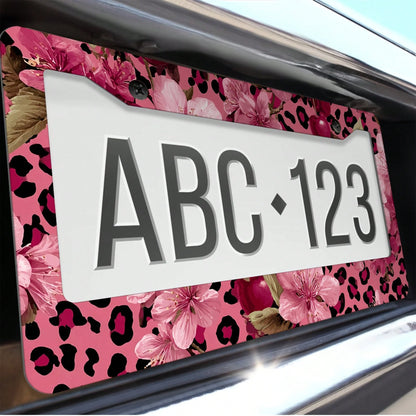 1pc Pink Gold Leopard Cherry Blossom License Frame 12x6in, Rustproof Aluminum With Screws, Fits US Cars SUV Trucks, Stylish Car Accessory,License Plate,Car Decor,Mothers Day,Birthday Gifts,Valentines