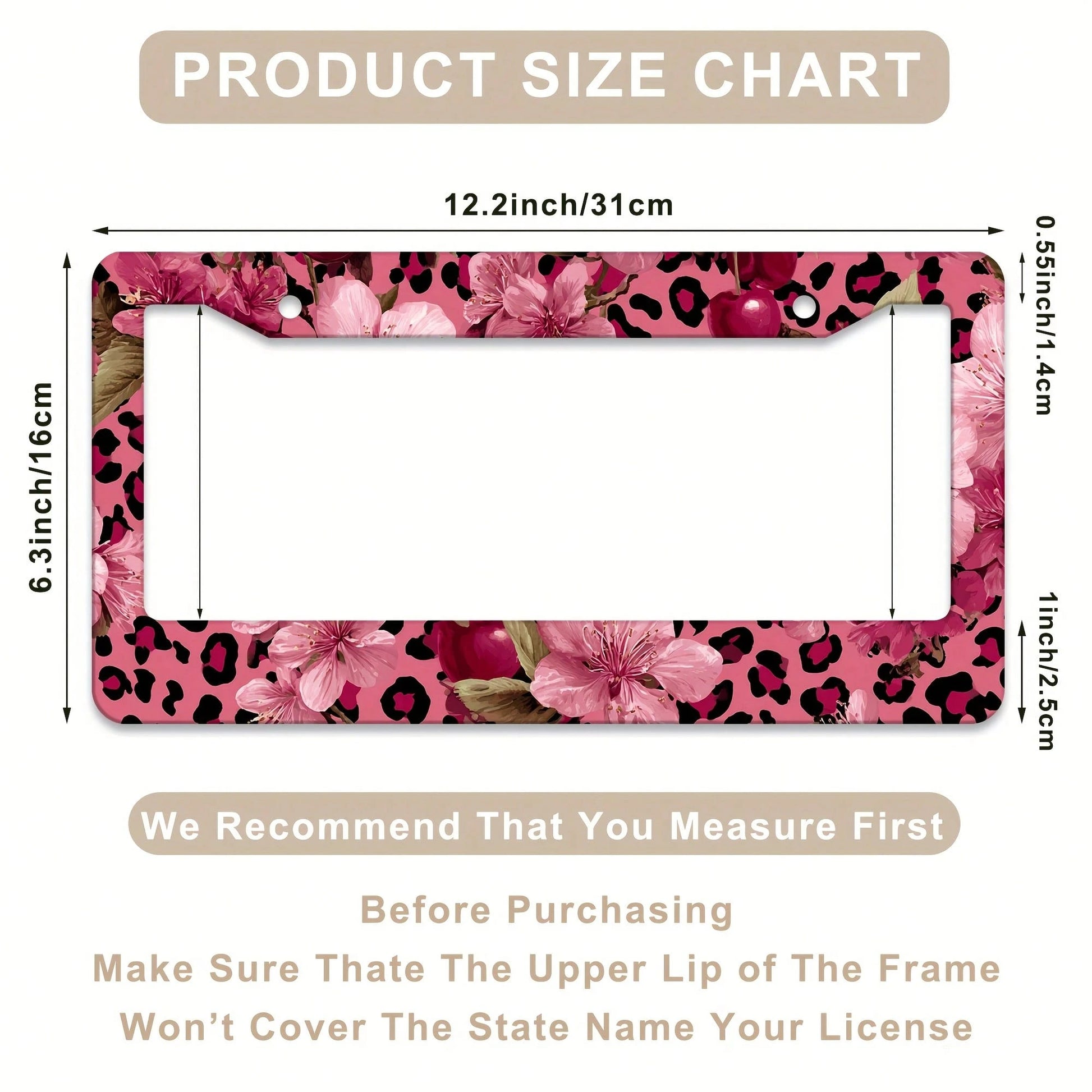 1pc Pink Gold Leopard Cherry Blossom License Frame 12x6in, Rustproof Aluminum With Screws, Fits US Cars SUV Trucks, Stylish Car Accessory,License Plate,Car Decor,Mothers Day,Birthday Gifts,Valentines
