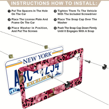 1pc Pink Gold Leopard Cherry Blossom License Frame 12x6in, Rustproof Aluminum With Screws, Fits US Cars SUV Trucks, Stylish Car Accessory,License Plate,Car Decor,Mothers Day,Birthday Gifts,Valentines