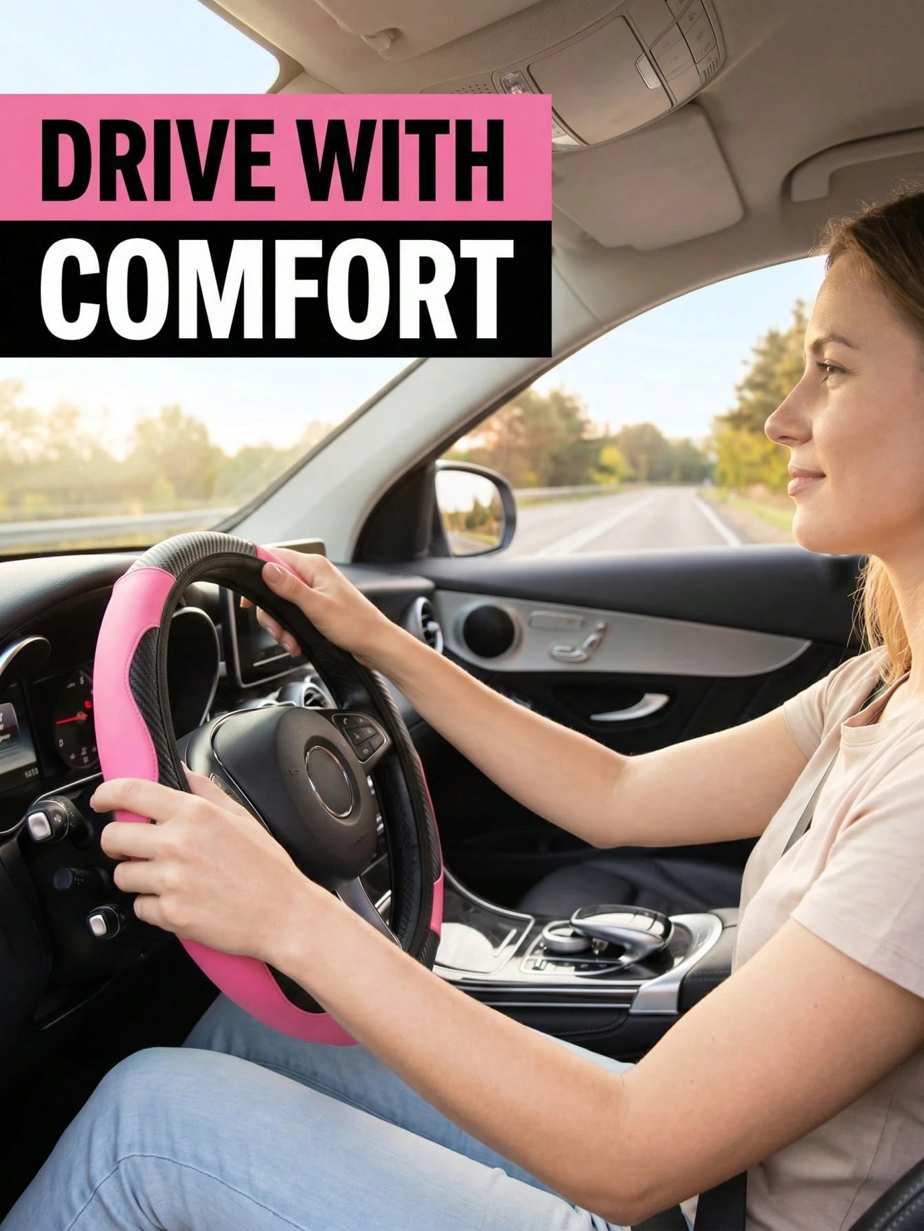 1pc Pink Non-Slip Steering Wheel Cover For All Seasons Automotive Car Seats & Accessories Steering Wheel Cover & Accs,Fits 14.5-15 Inch Wheel, Auto Interior Accessories,Unisex Car Women,Plush Shoulder