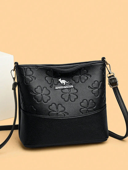 1pc Plain Color PU Leather Large Capacity Lightweight Messenger Bag With Metal Decor, Versatile Casual Crossbody Bag For Women