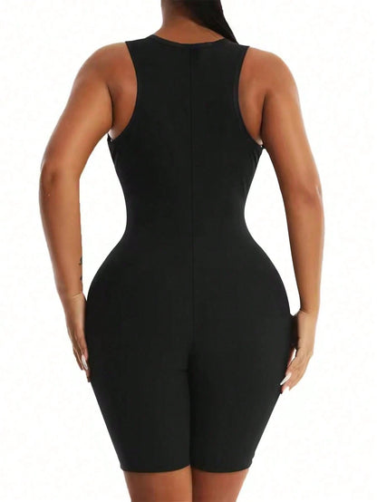 1pc Plus Size Women's Sauna Suit Sweat Vest Waist Trainer 3-In-1 Slimming Full Body Shaper Top With Shorts Summer Sports