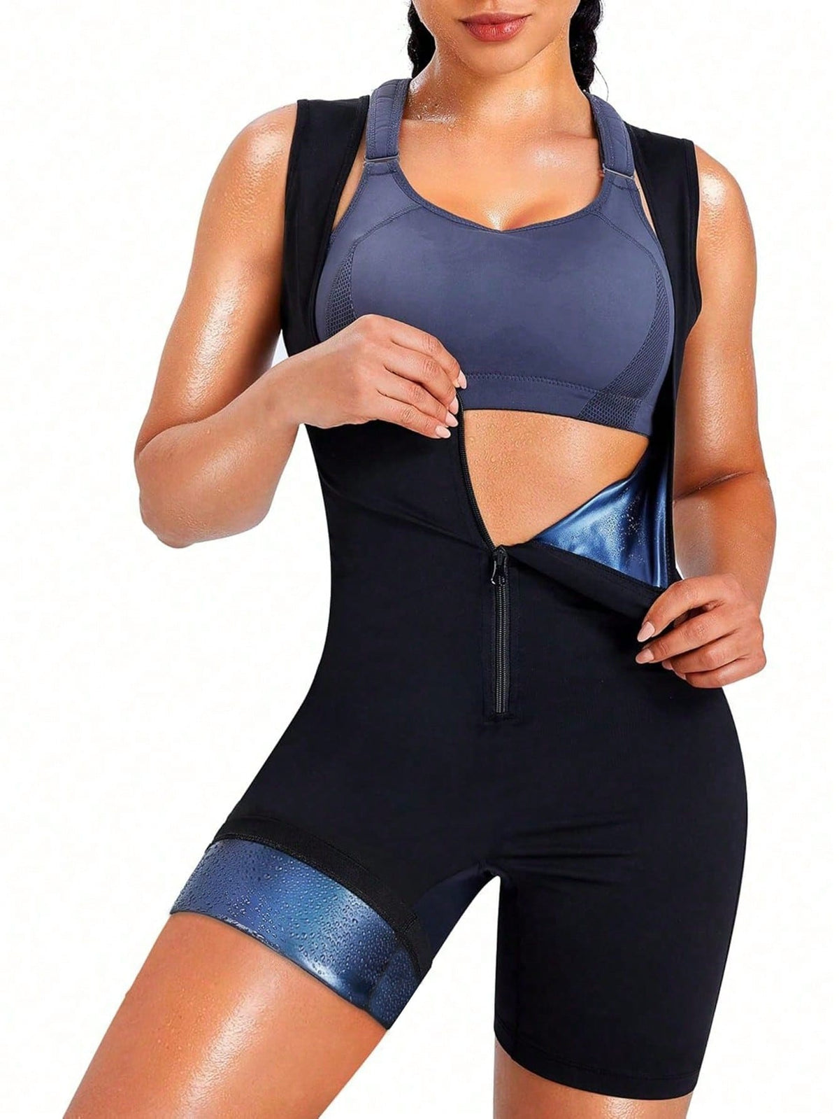 1pc Plus Size Women's Sauna Suit Sweat Vest Waist Trainer 3-In-1 Slimming Full Body Shaper Top With Shorts Summer Sports