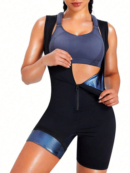 1pc Plus Size Women's Sauna Suit Sweat Vest Waist Trainer 3-In-1 Slimming Full Body Shaper Top With Shorts Summer Sports