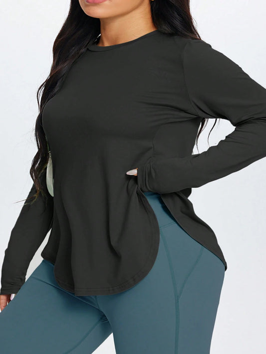 1pc Plus Size Women's Side Slit Crew Neck Long Sleeve T-Shirt, Elastic Regular Shoulder Slimming Solid Color Minimalist Black